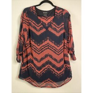Enfocus Studio 10 Petite Tunic Top Navy‎ Coral Lace Print Sheer Sleeve Boho